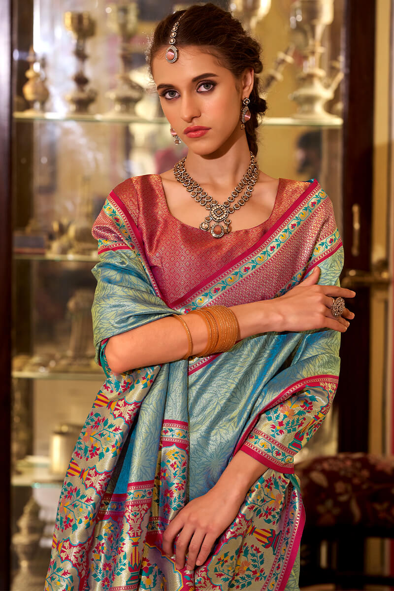 Intricate Firozi Paithani Pure Tissue Silk Saree With Beleaguer Blouse Piece