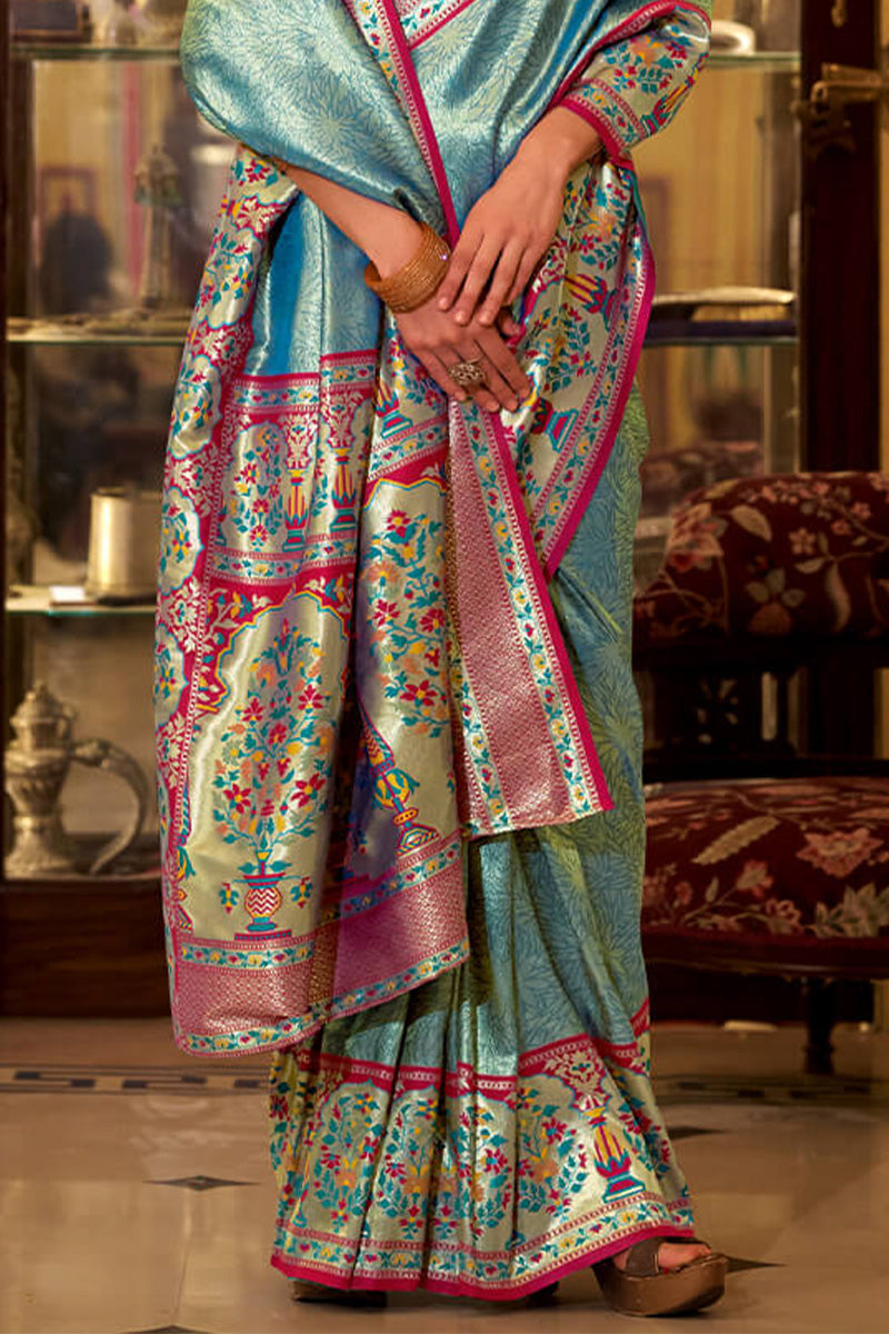 Intricate Firozi Paithani Pure Tissue Silk Saree With Beleaguer Blouse Piece