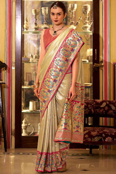 Surpassing Beige Paithani Pure Tissue Silk Saree With Ailurophile Blouse Piece