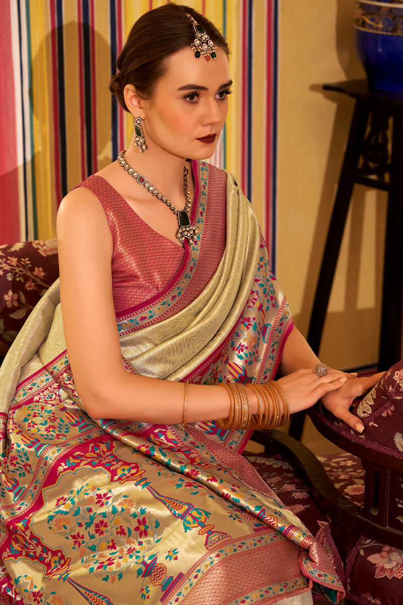 Surpassing Beige Paithani Pure Tissue Silk Saree With Ailurophile Blouse Piece