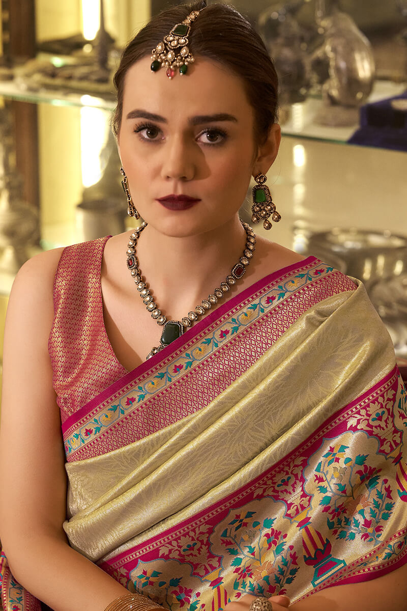 Surpassing Beige Paithani Pure Tissue Silk Saree With Ailurophile Blouse Piece