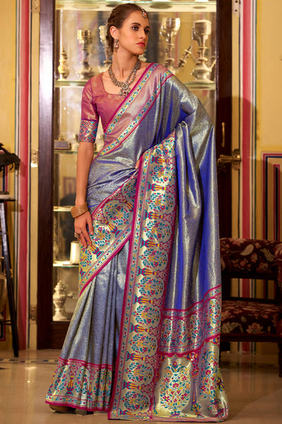 Invaluable Blue Paithani Pure Tissue Silk Saree With Lagniappe Blouse Piece