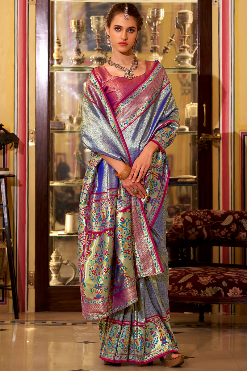 Invaluable Blue Paithani Pure Tissue Silk Saree With Lagniappe Blouse Piece