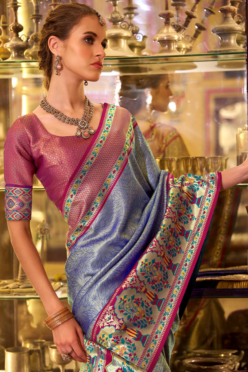 Invaluable Blue Paithani Pure Tissue Silk Saree With Lagniappe Blouse Piece