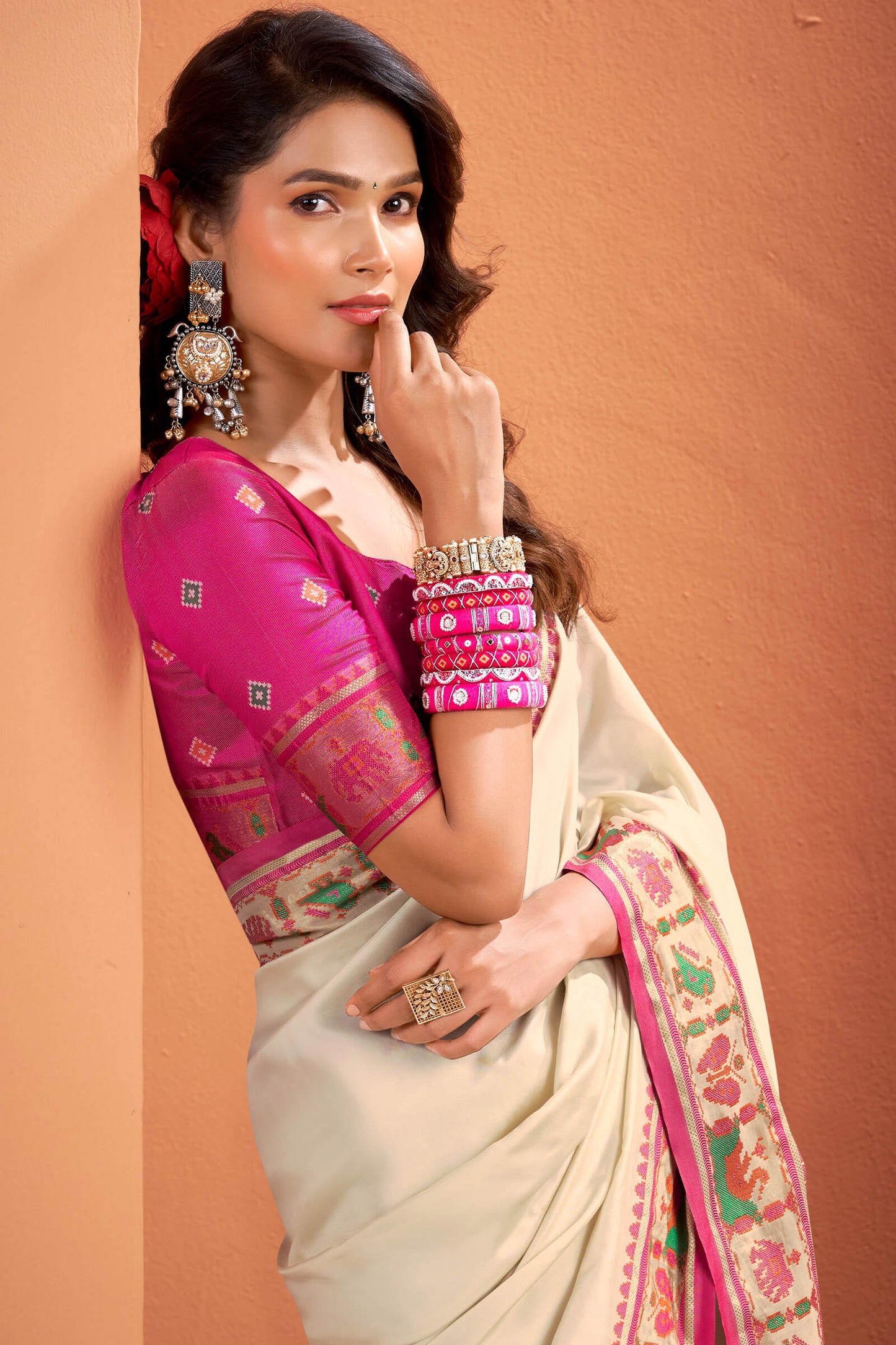 Resonant Beige Patola Silk Saree with Desultory Blouse Piece