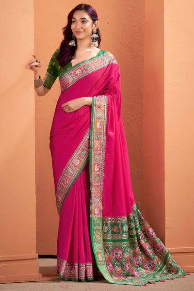 Murmurous Dark Pink Patola Silk Saree with Woebegone Blouse Piece