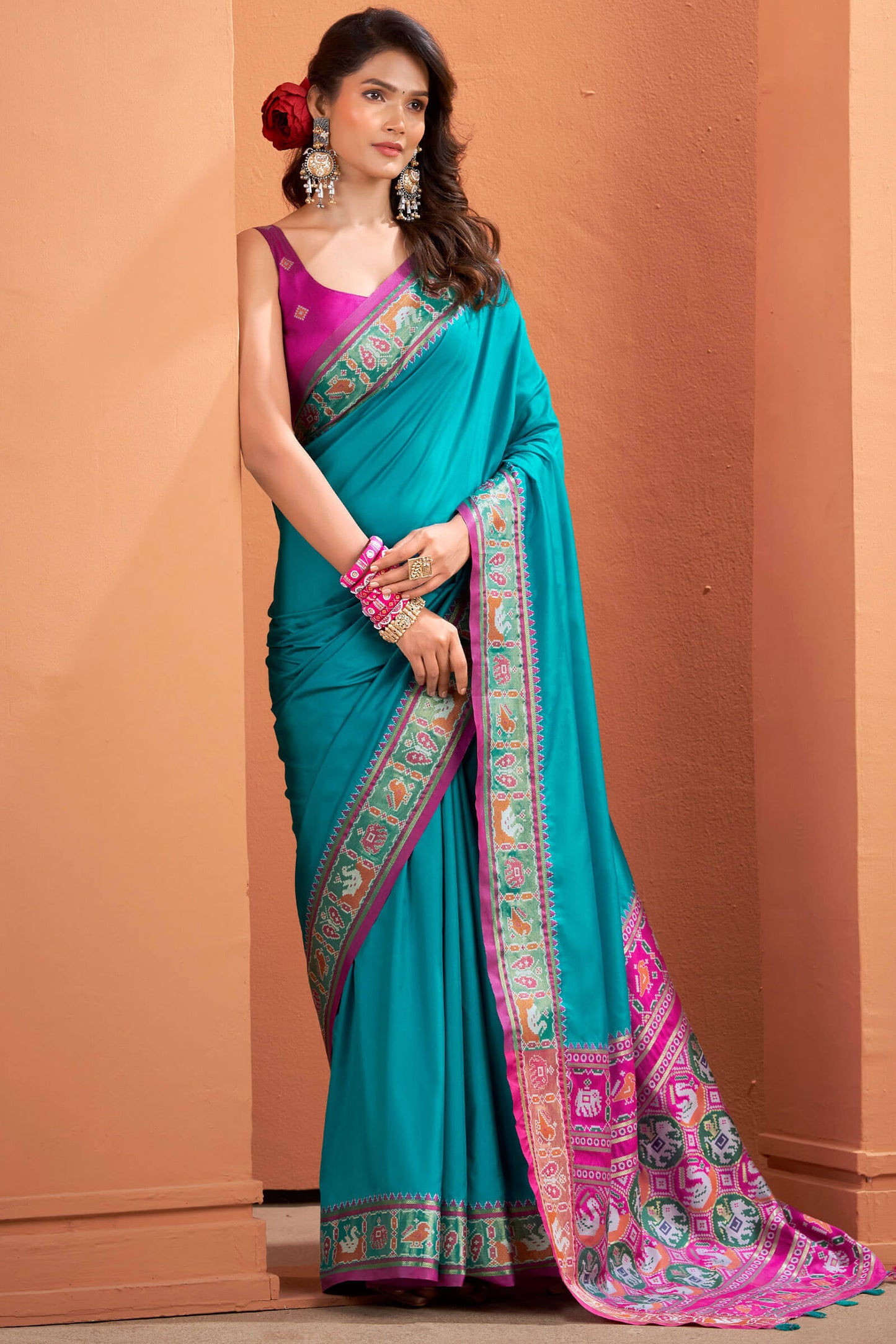 Unequalled Firozi Patola Silk Saree with Beautiful Blouse Piece