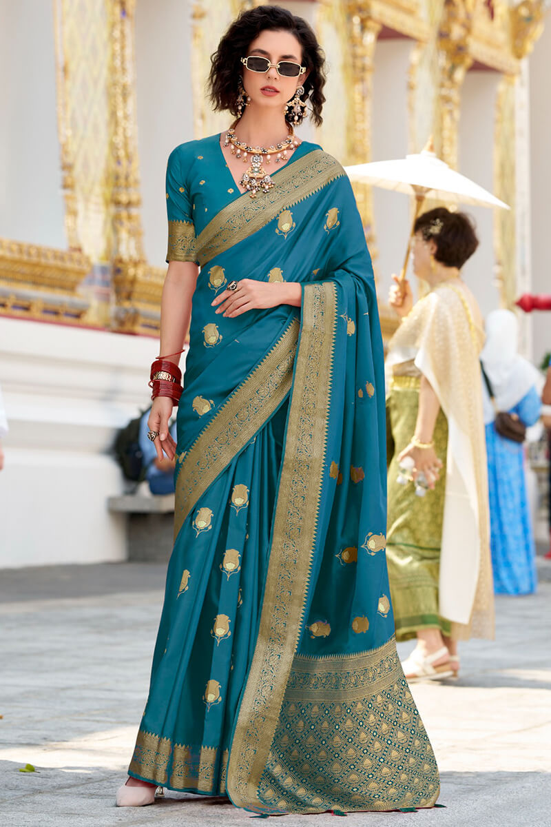 Invaluable Teal Blue Banarasi Satin Silk Saree With Radiant Blouse