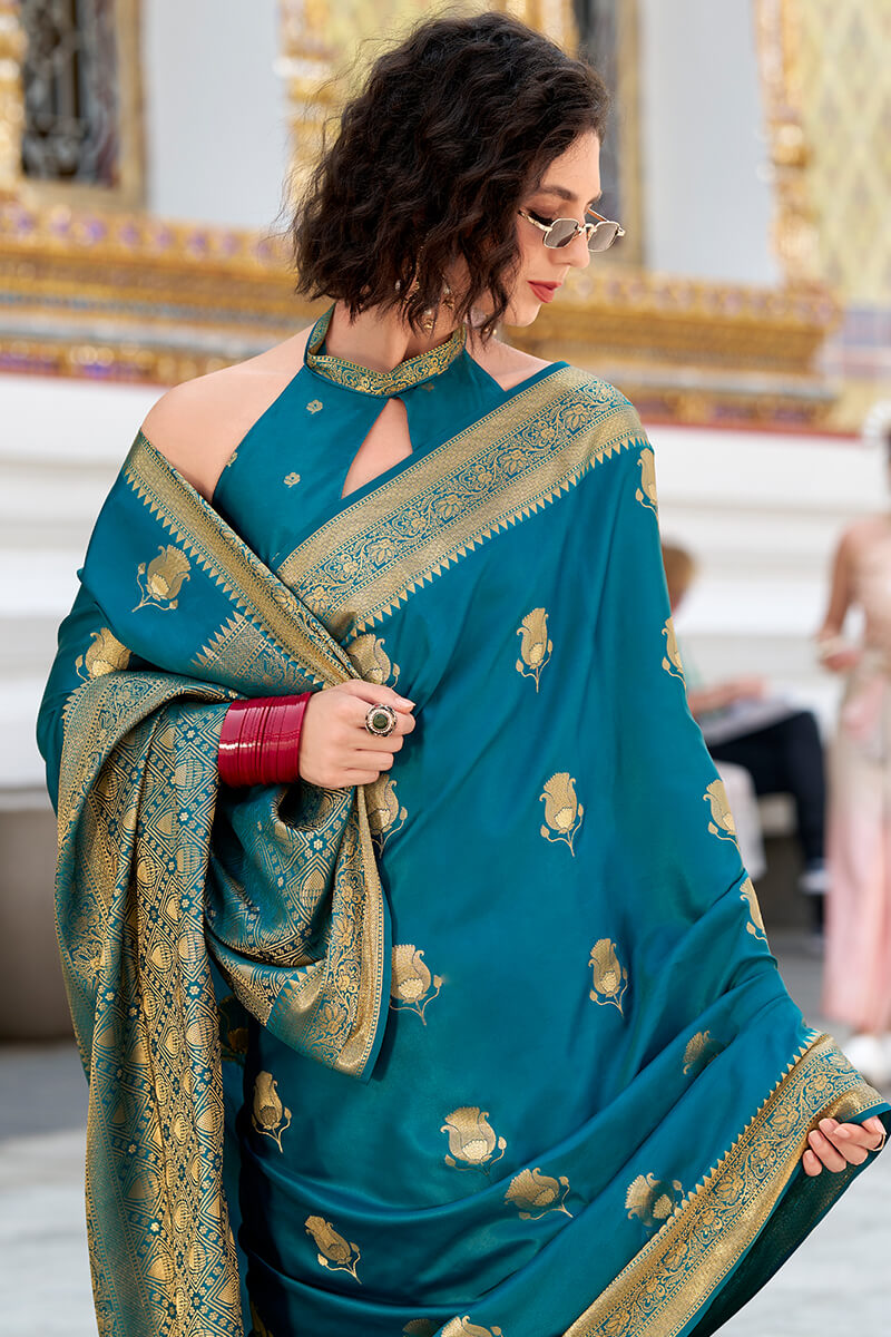Invaluable Teal Blue Banarasi Satin Silk Saree With Radiant Blouse