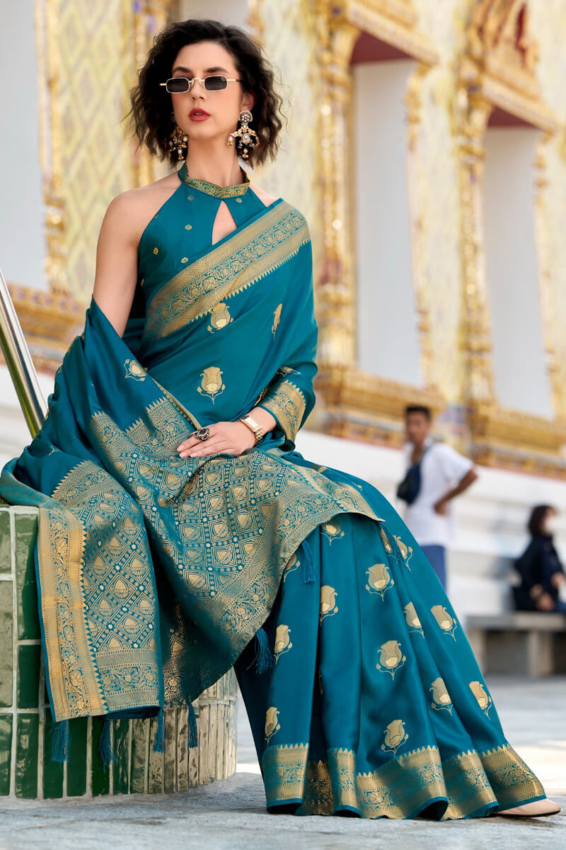 Invaluable Teal Blue Banarasi Satin Silk Saree With Radiant Blouse