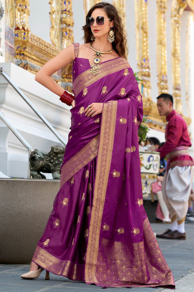 Classic Purple Banarasi Satin Silk Saree With Invaluable Blouse