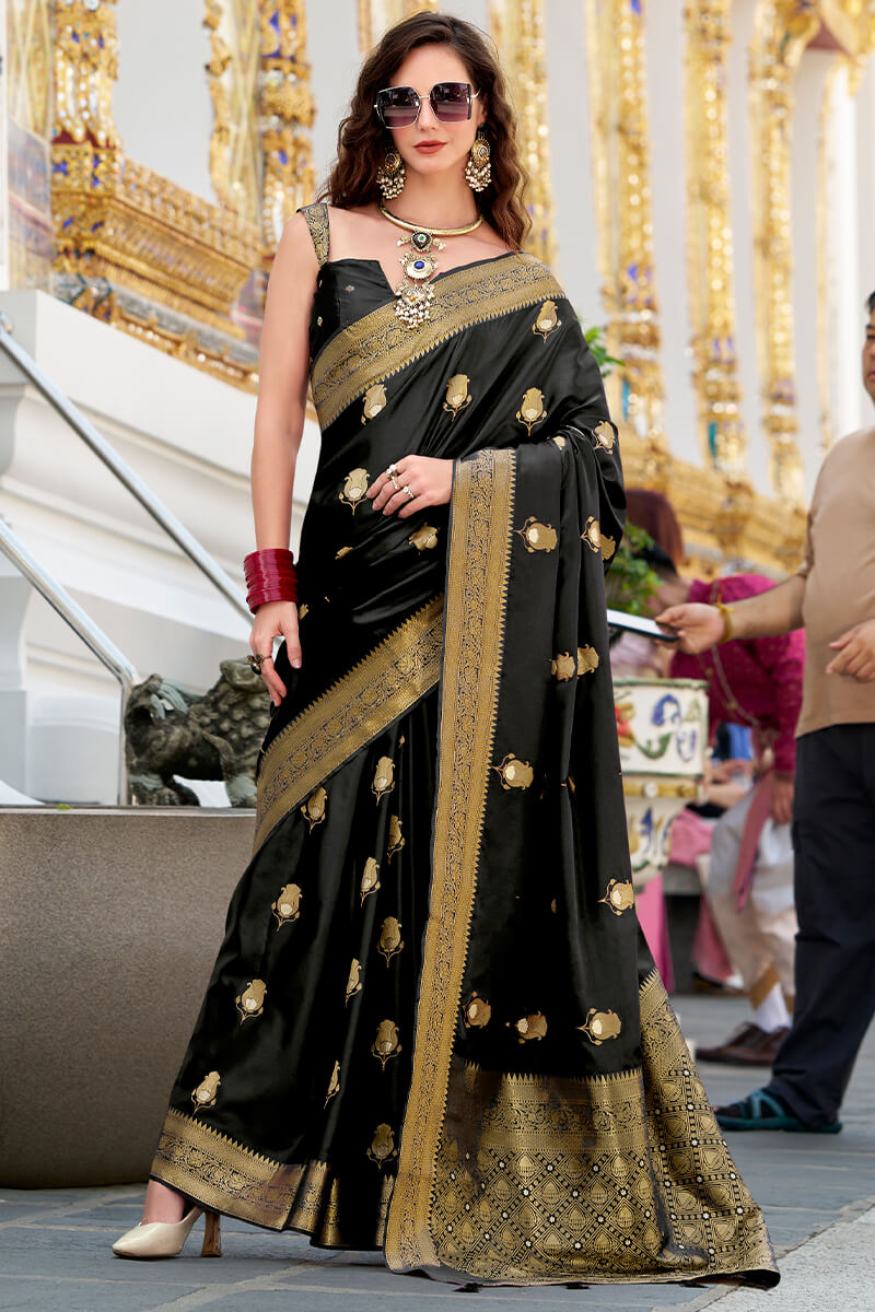 Classic Black Banarasi Satin Silk Saree With Exquisite Blouse