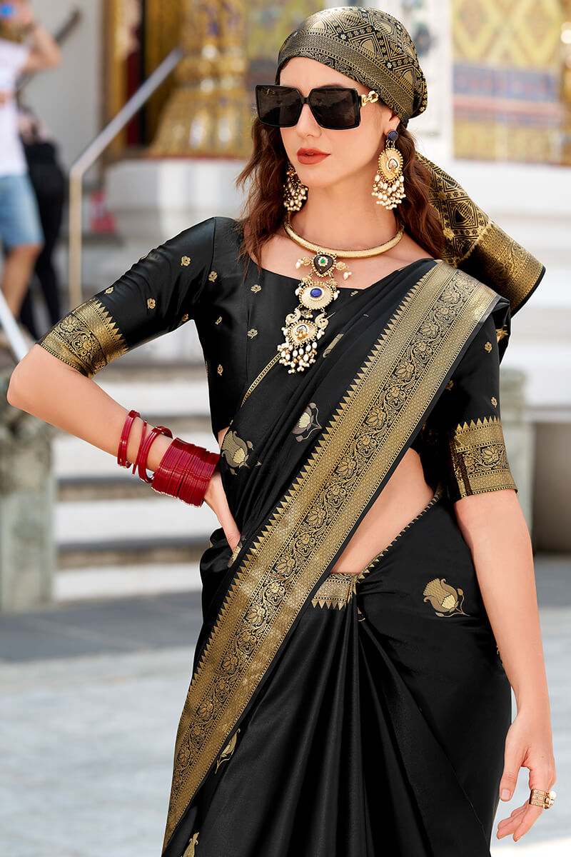 Classic Black Banarasi Satin Silk Saree With Exquisite Blouse