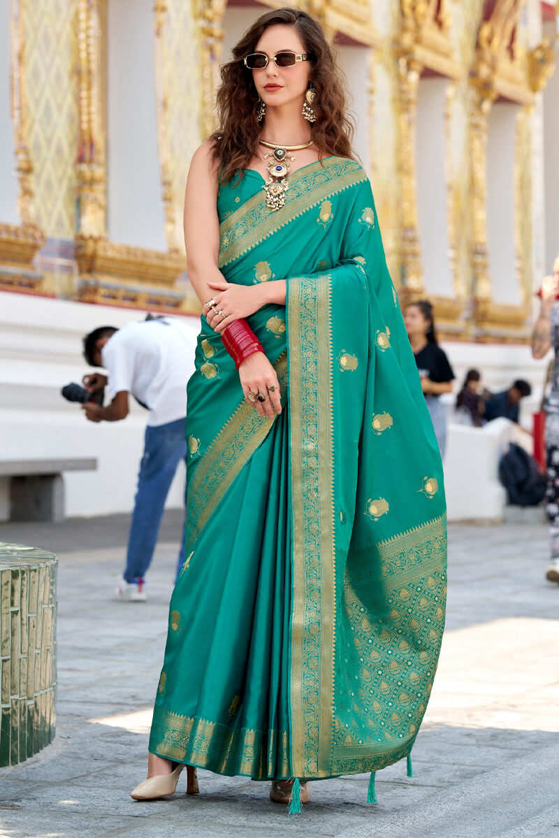Groovy Turquoise Banarasi Satin Silk Saree With Murmurous Blouse