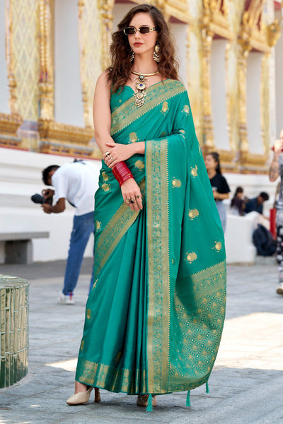 Groovy Turquoise Banarasi Satin Silk Saree With Murmurous Blouse