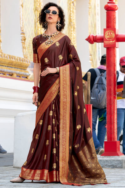 Ravishing Brown Banarasi Satin Silk Saree With Luxuriant Blouse