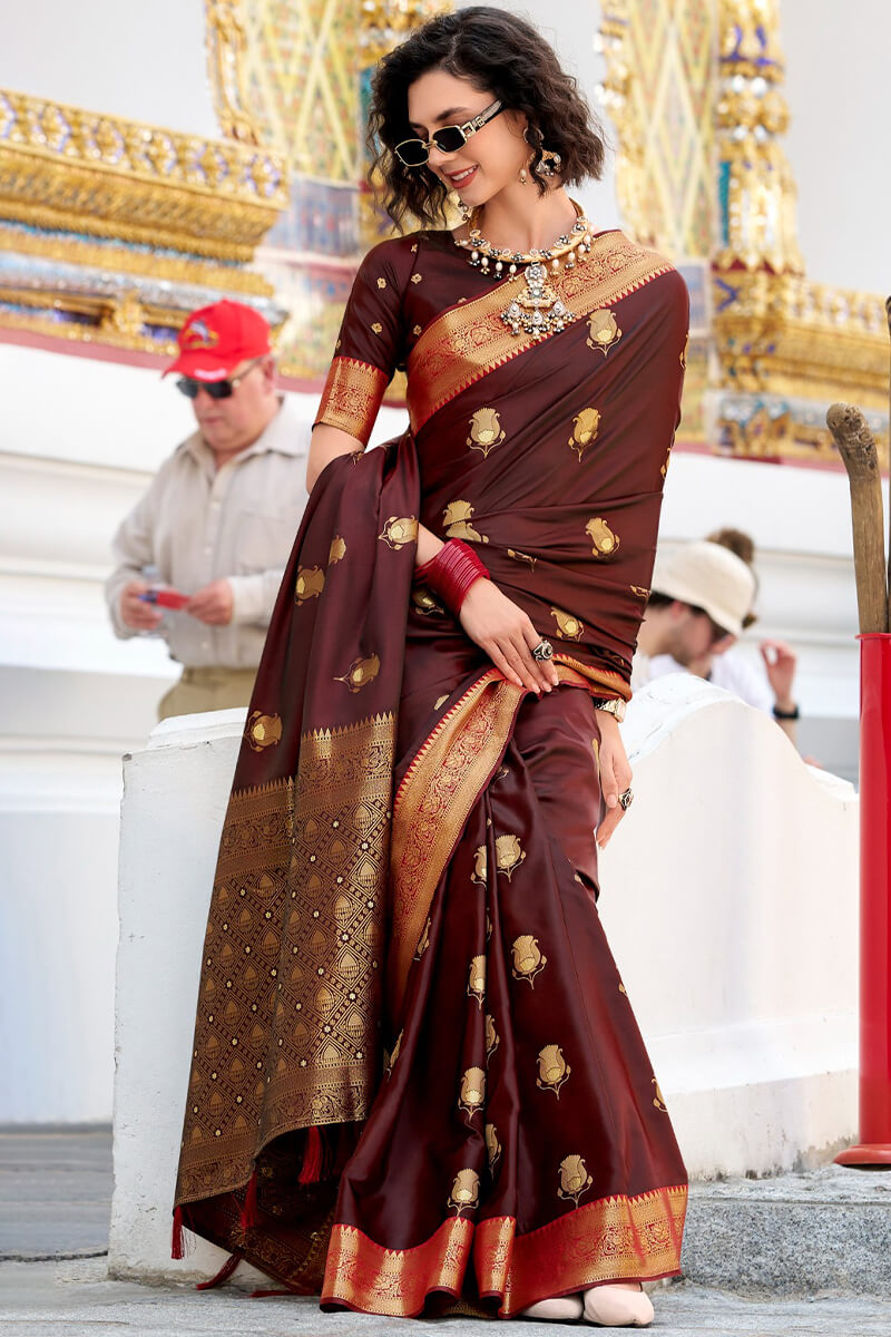 Ravishing Brown Banarasi Satin Silk Saree With Luxuriant Blouse