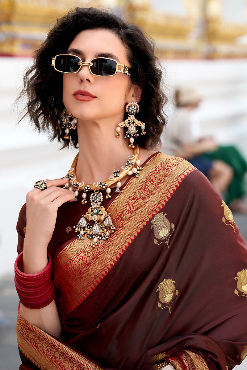 Ravishing Brown Banarasi Satin Silk Saree With Luxuriant Blouse