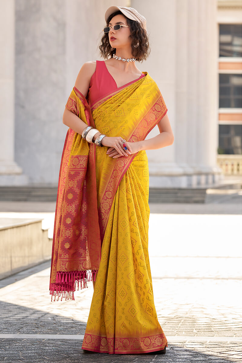Luminous Yellow Soft Banarasi Silk Saree With Pulsating Blouse Piece