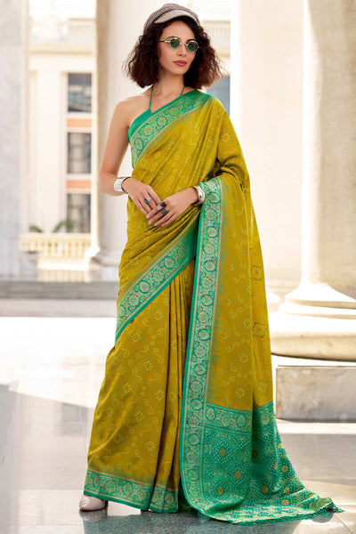 Symmetrical Mehndi Soft Banarasi Silk Saree With Splendiferous Blouse Piece