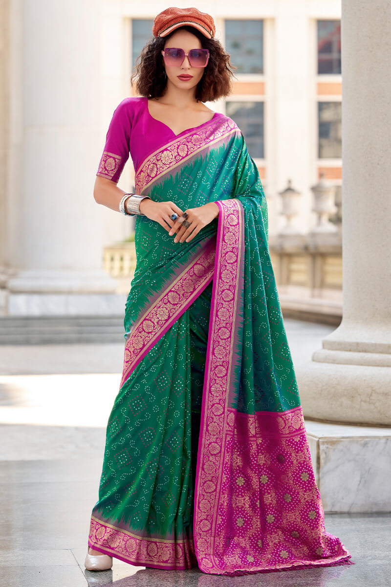 Efflorescence Dark Green Soft Banarasi Silk Saree With Inimitable Blouse Piece