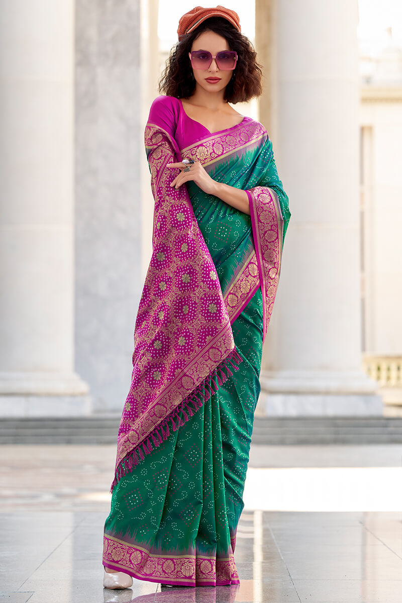 Efflorescence Dark Green Soft Banarasi Silk Saree With Inimitable Blouse Piece