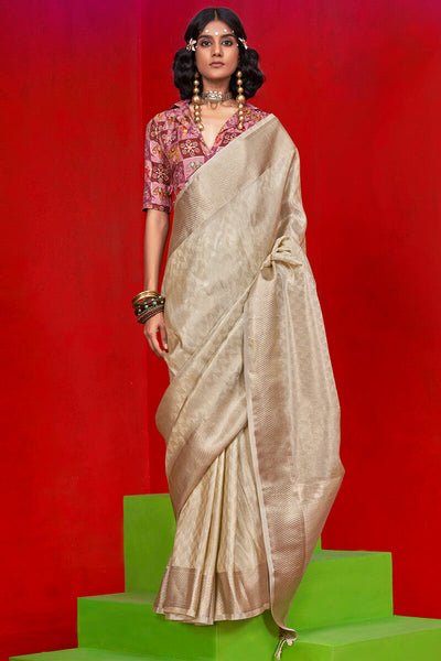 Winsome Beige Soft Banarasi Tissue Silk Saree With Prettiest Blouse Piece
