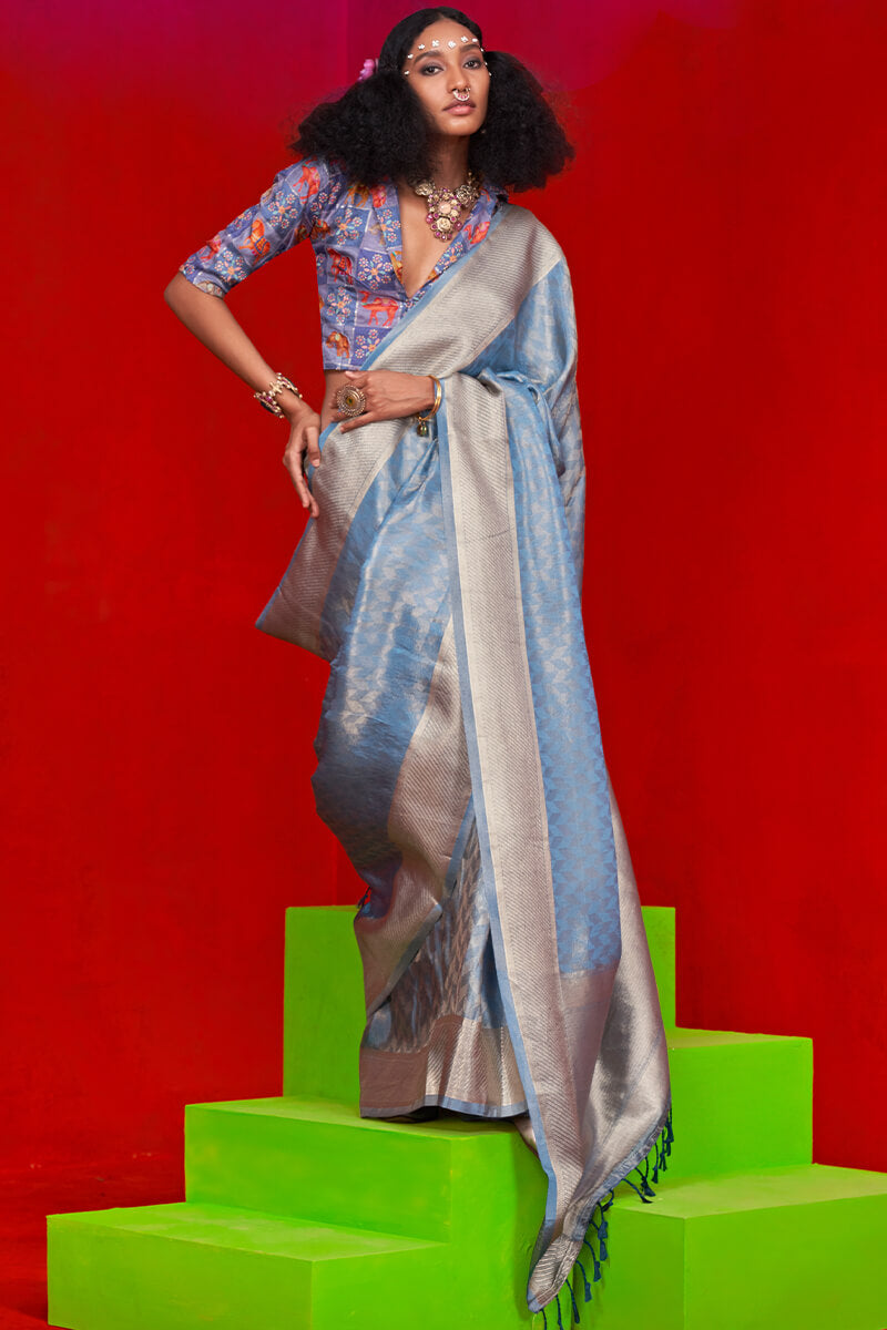 Supernal Blue Soft Banarasi Tissue Silk Saree With Inspiring Blouse Piece
