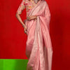 Skinny Peach Soft Banarasi Tissue Silk Saree With Embrocation Blouse Piece
