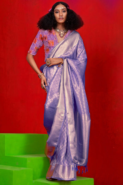 Tantalizing Lavender Soft Banarasi Tissue Silk Saree With Prettiest Blouse Piece