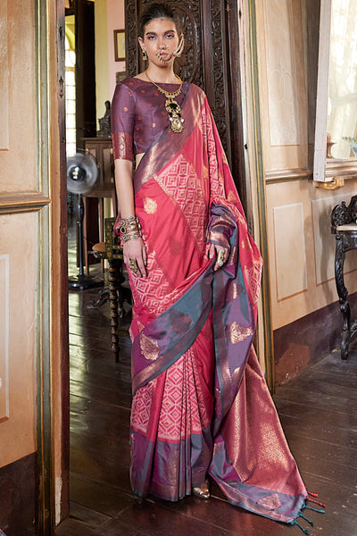 Enticing Pink Soft Banarasi Silk Saree With Nemesis Blouse Piece