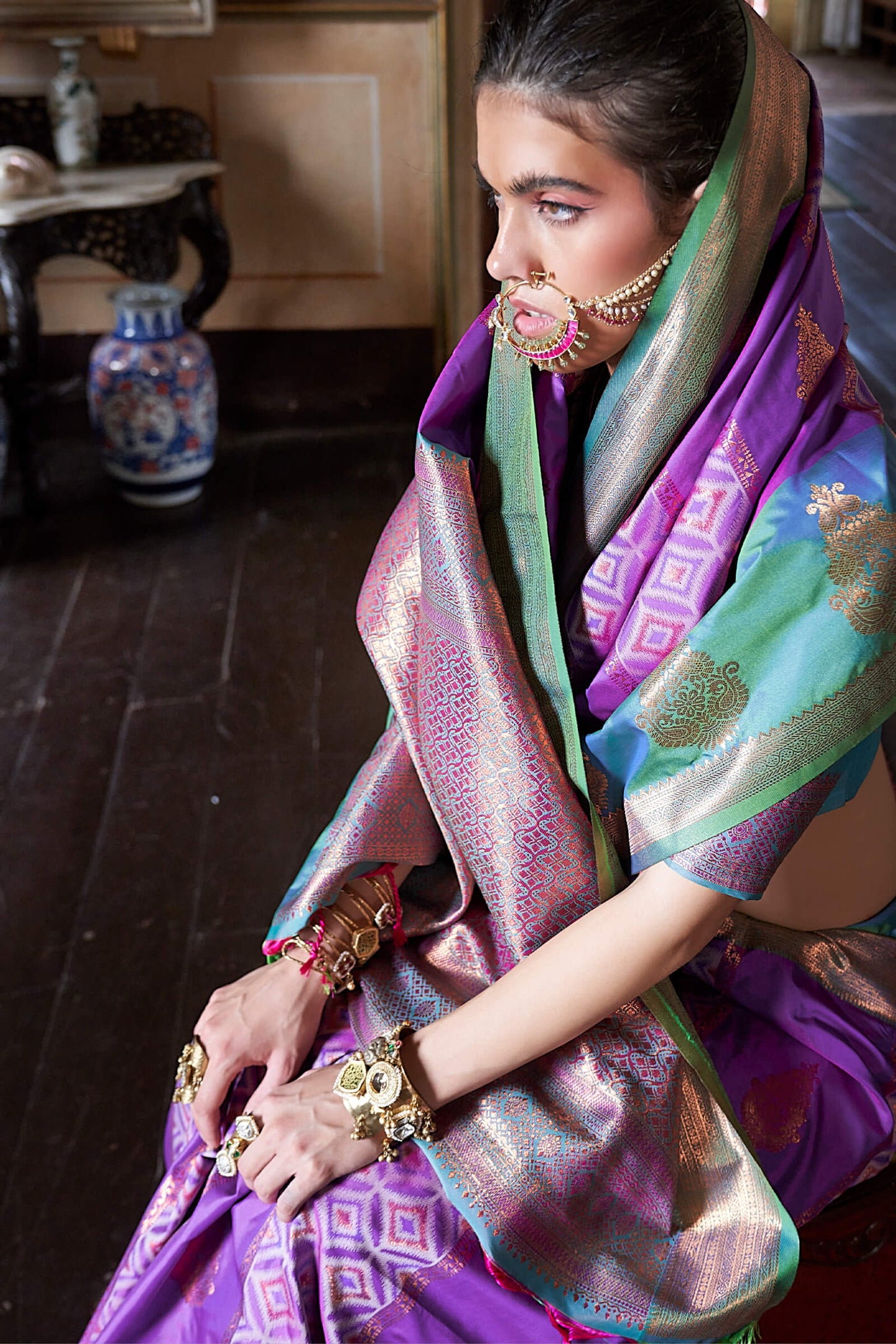 Cynosure Purple Soft Banarasi Silk Saree With Rhapsodic Blouse Piece