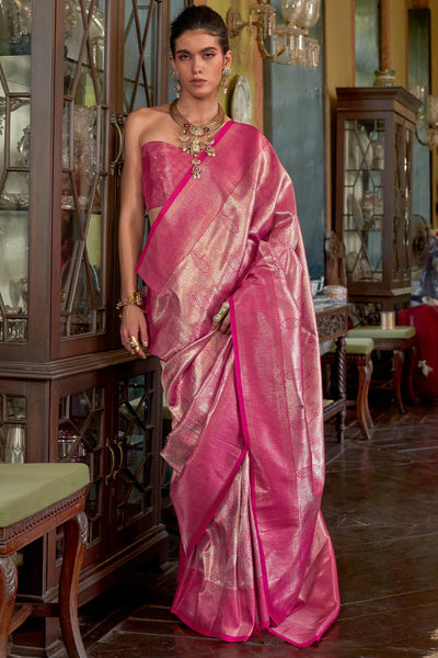 Snappy Dark Pink Kanjivaram Silk Saree With Elegant Blouse Piece
