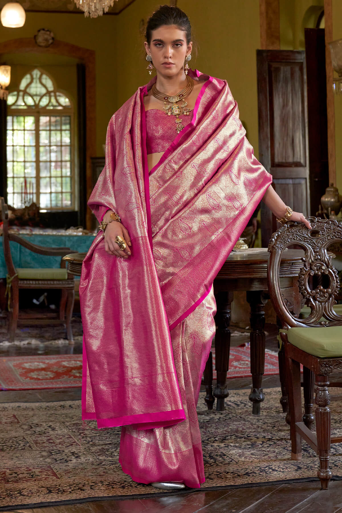Snappy Dark Pink Kanjivaram Silk Saree With Elegant Blouse Piece