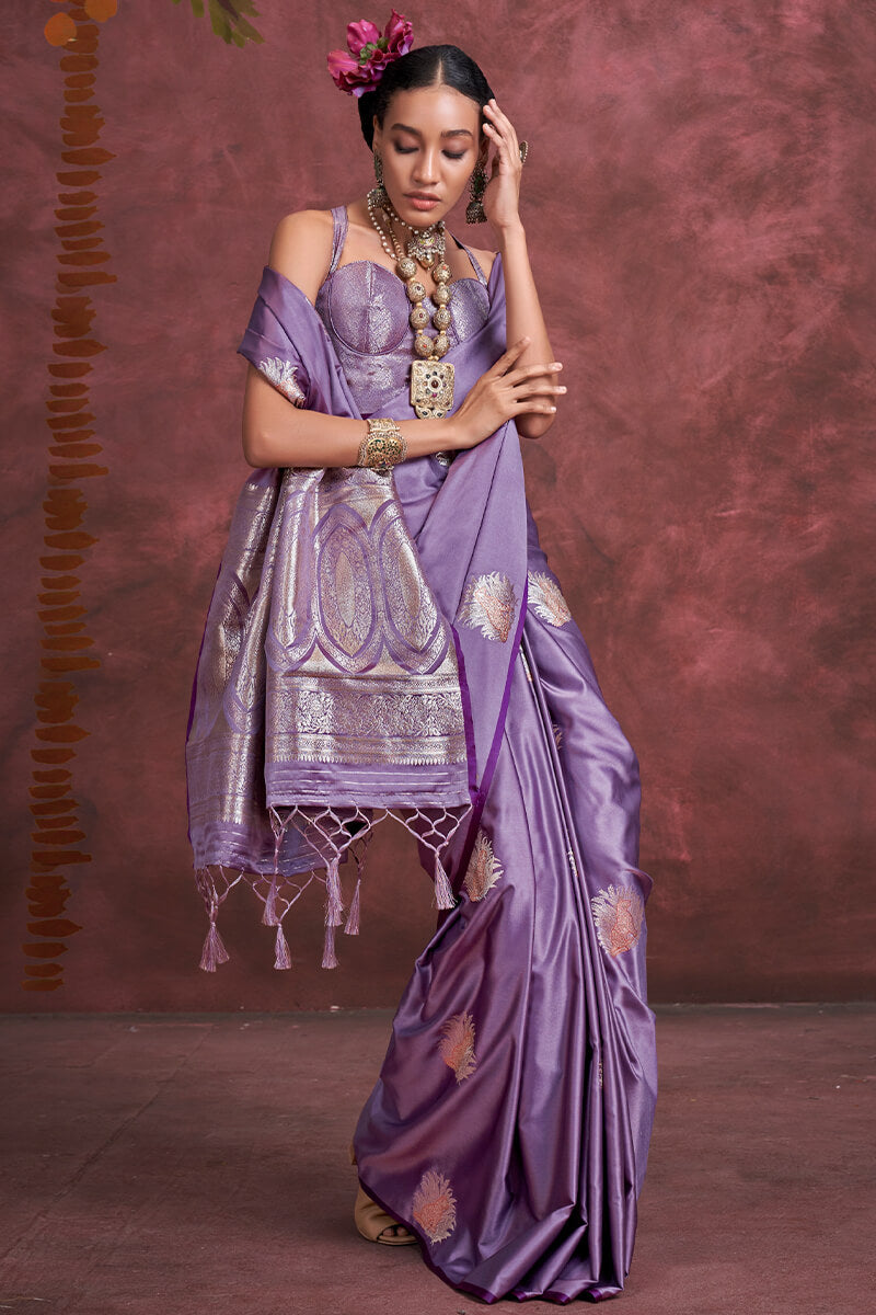 Glorious Lavender Banarasi Satin Silk Saree With Ratatouille Blouse