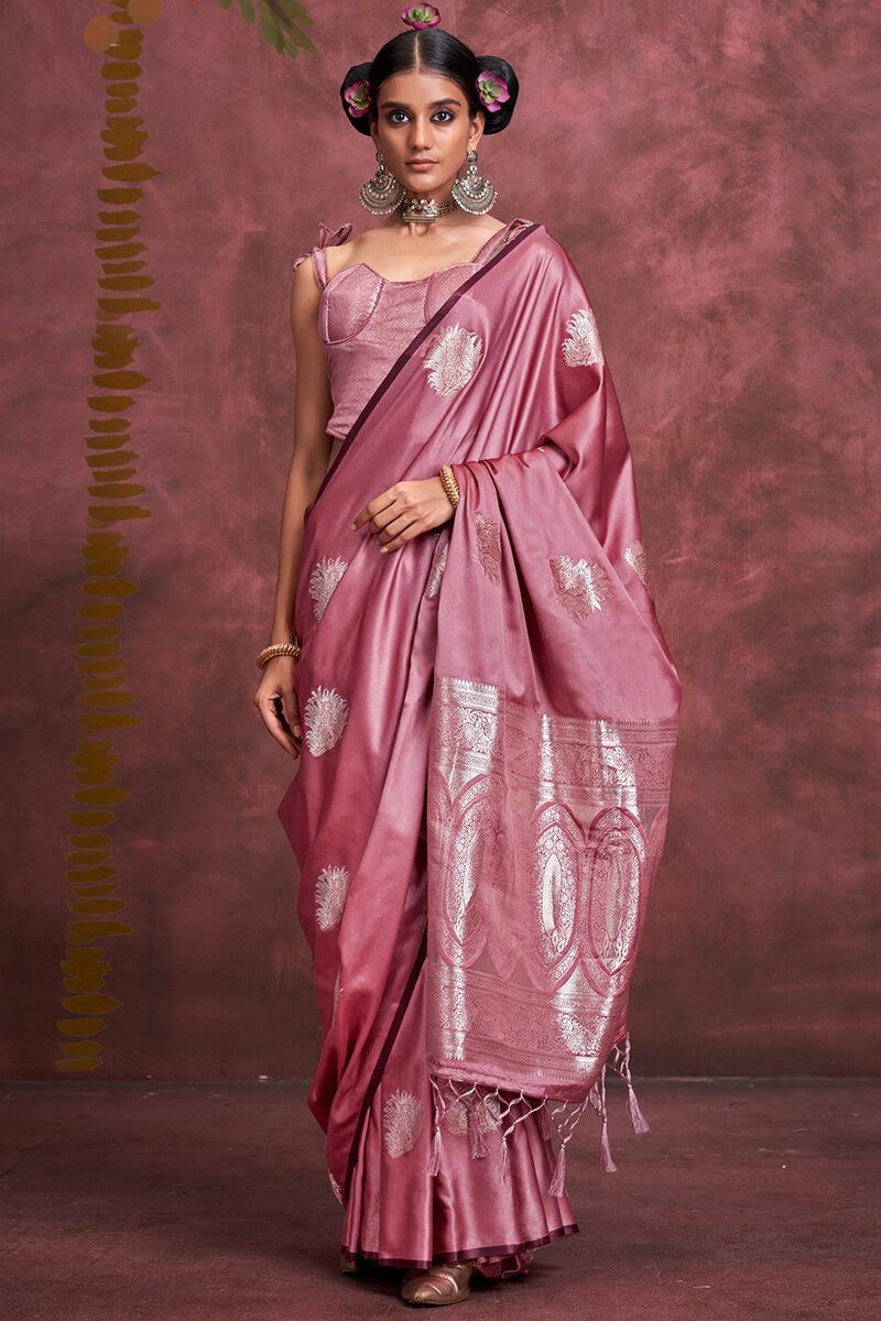 Petrichor Pink Banarasi Satin Silk Saree With Outstanding Blouse