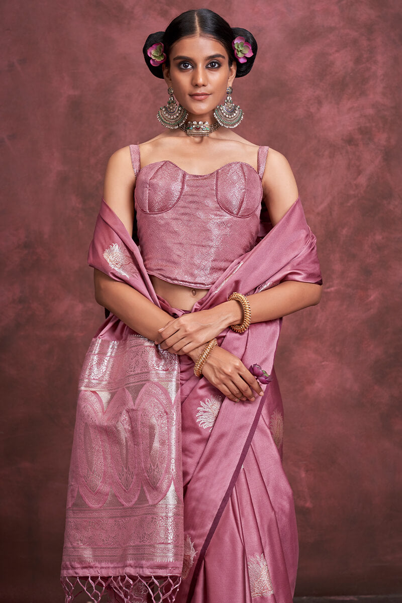 Petrichor Pink Banarasi Satin Silk Saree With Outstanding Blouse