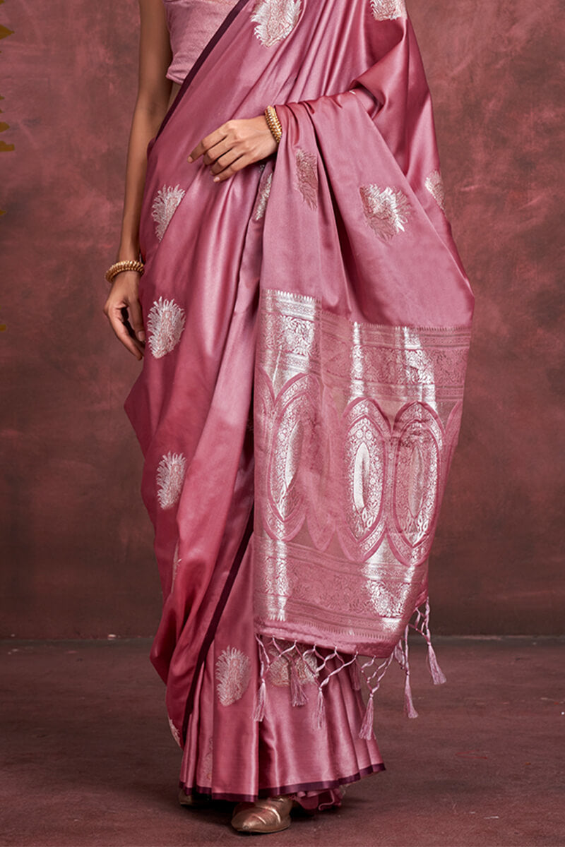 Petrichor Pink Banarasi Satin Silk Saree With Outstanding Blouse