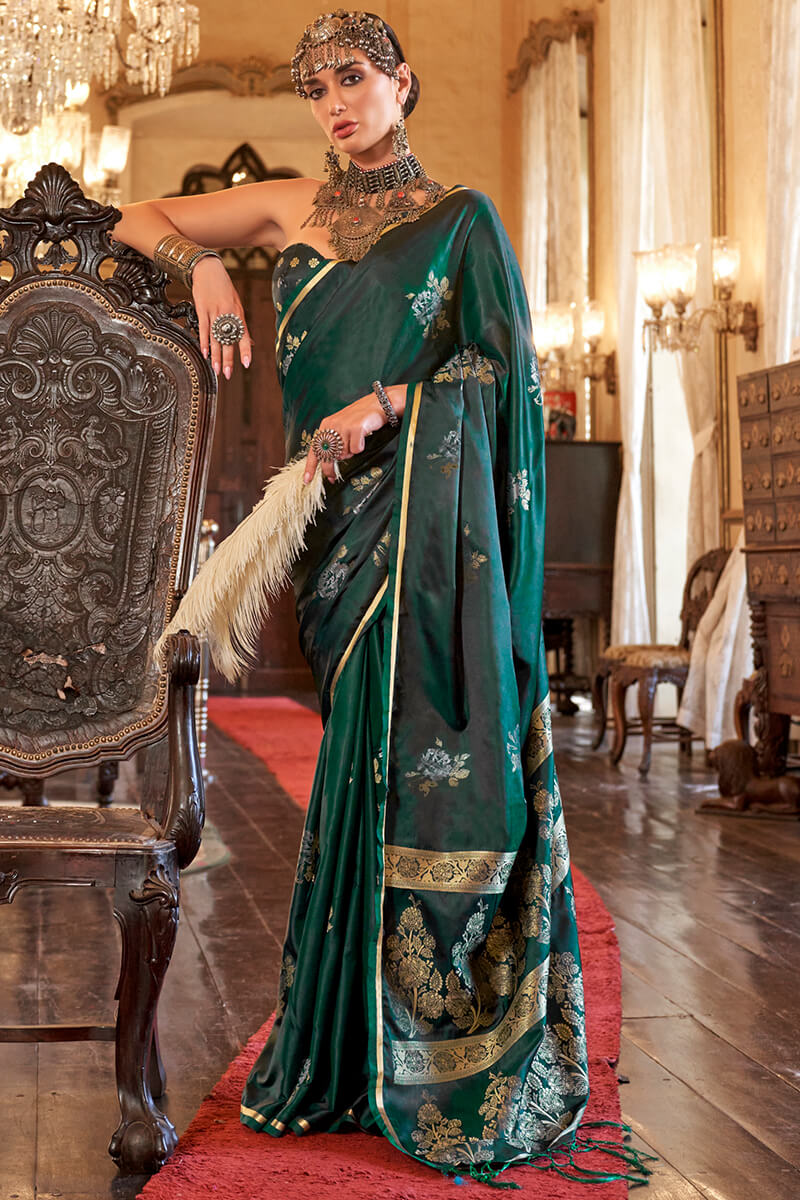 Arresting Dark Green Banarasi Satin Silk Saree With Desiring Blouse