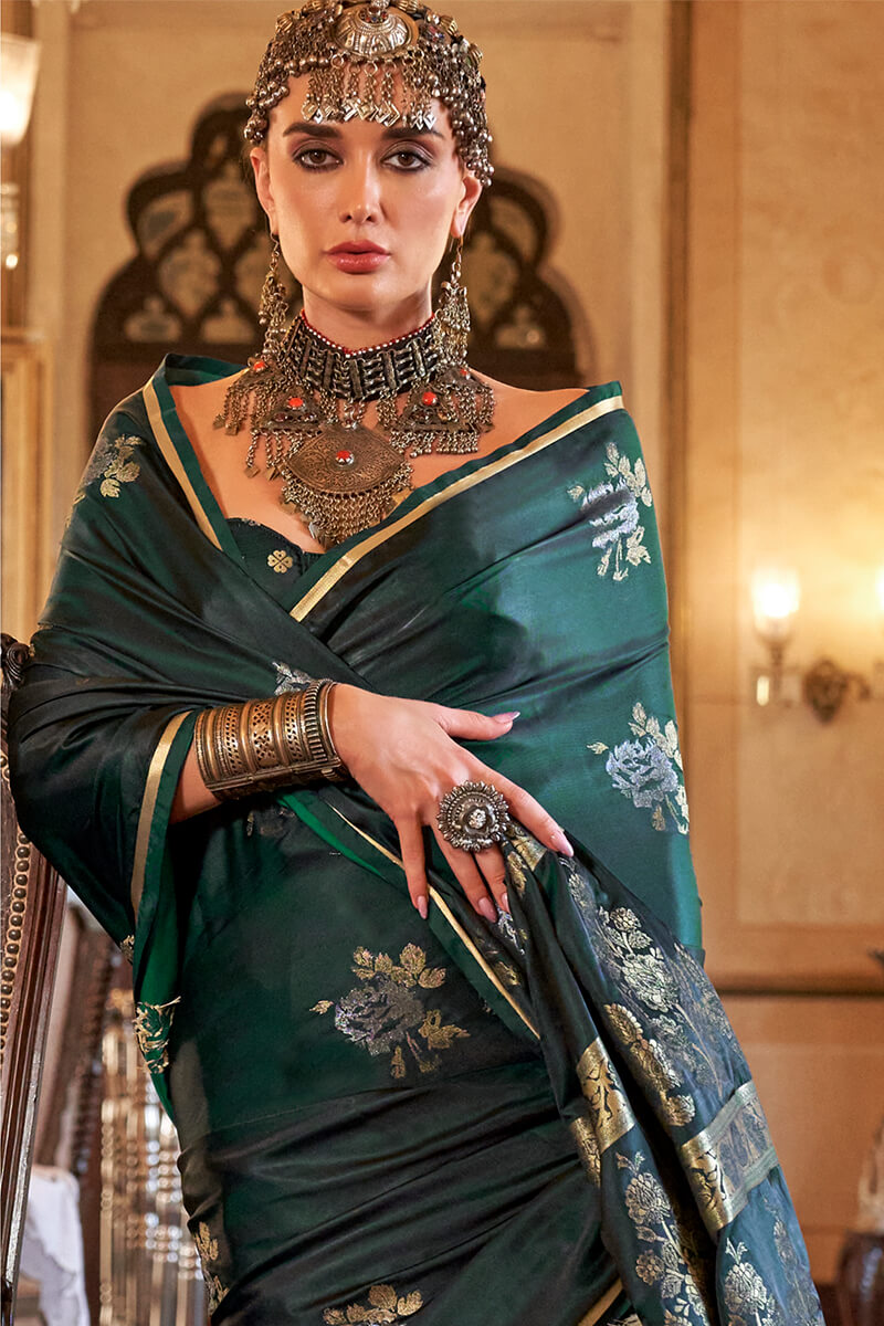 Arresting Dark Green Banarasi Satin Silk Saree With Desiring Blouse