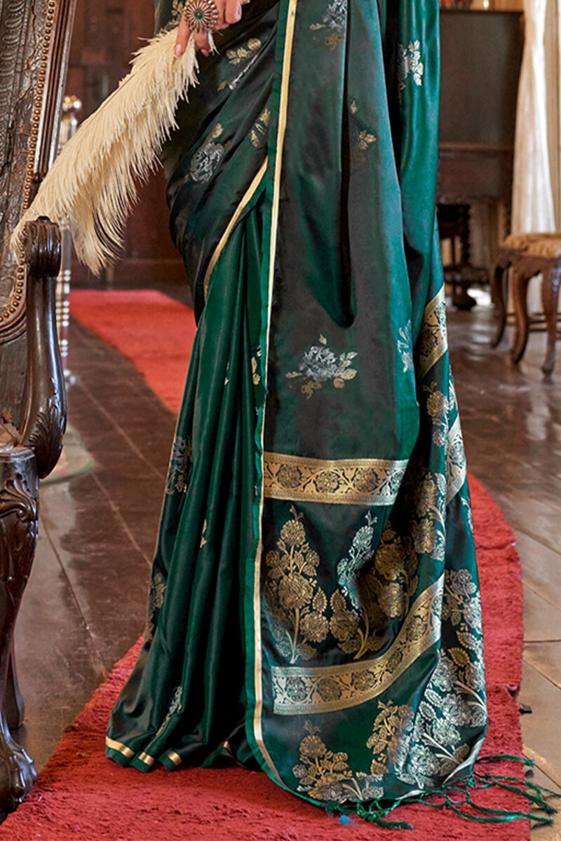 Arresting Dark Green Banarasi Satin Silk Saree With Desiring Blouse