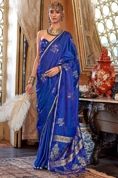 Charming Royal Blue Banarasi Satin Silk Saree With Adorning Blouse