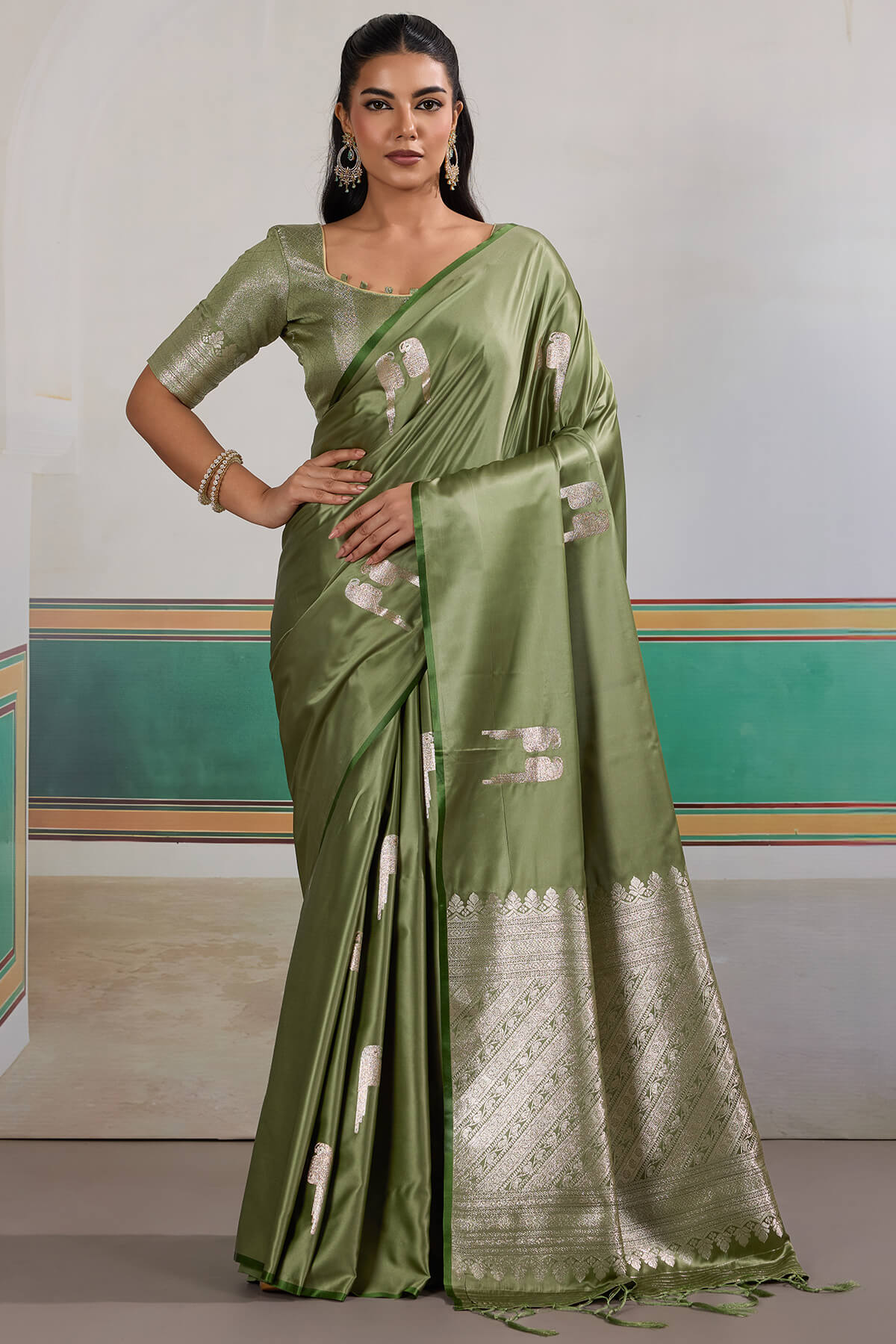 Dulcet Green Banarasi Satin Silk Saree With Felicitous Blouse