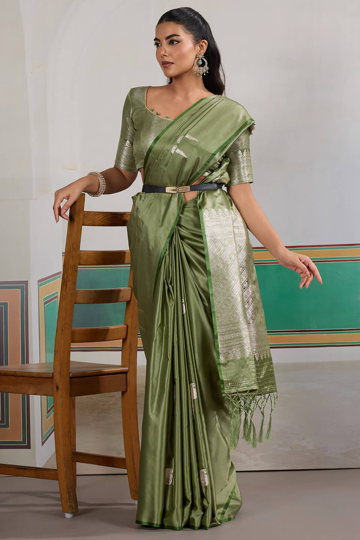 Dulcet Green Banarasi Satin Silk Saree With Felicitous Blouse
