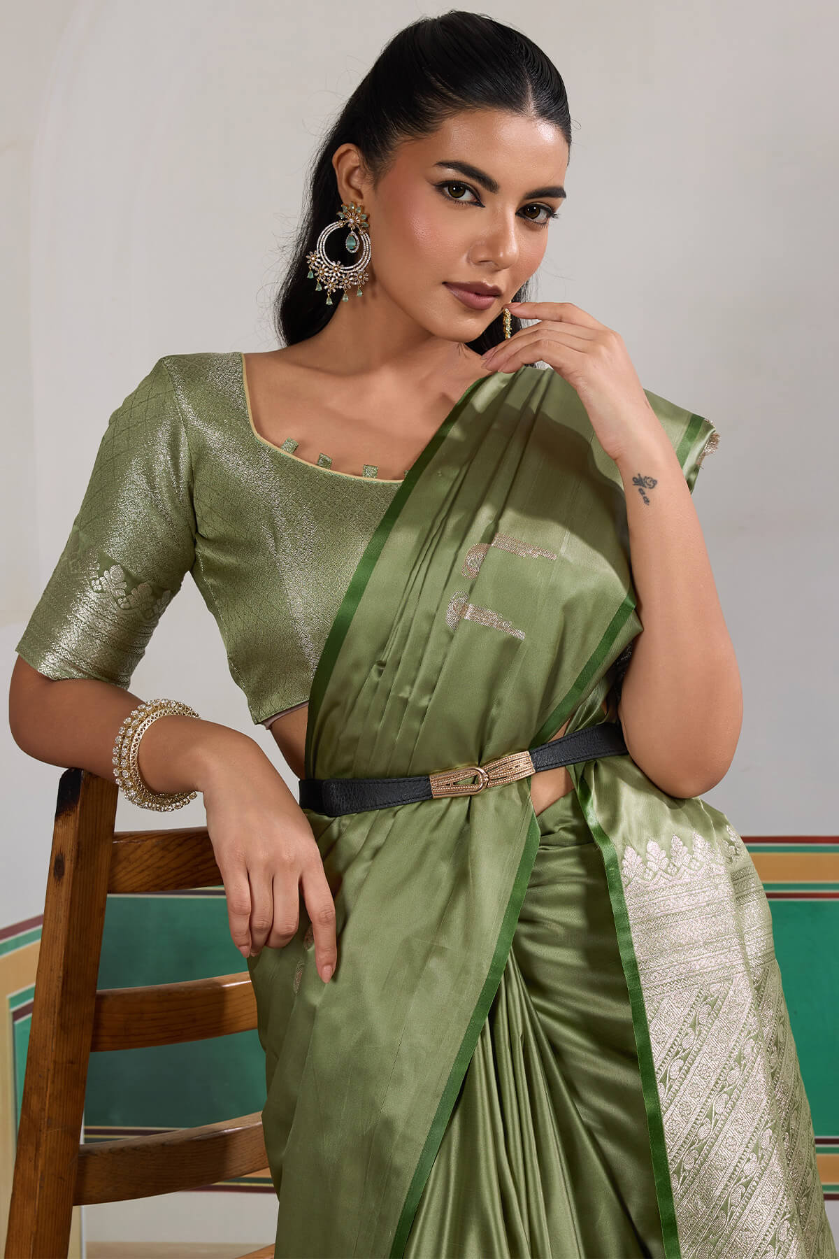 Dulcet Green Banarasi Satin Silk Saree With Felicitous Blouse