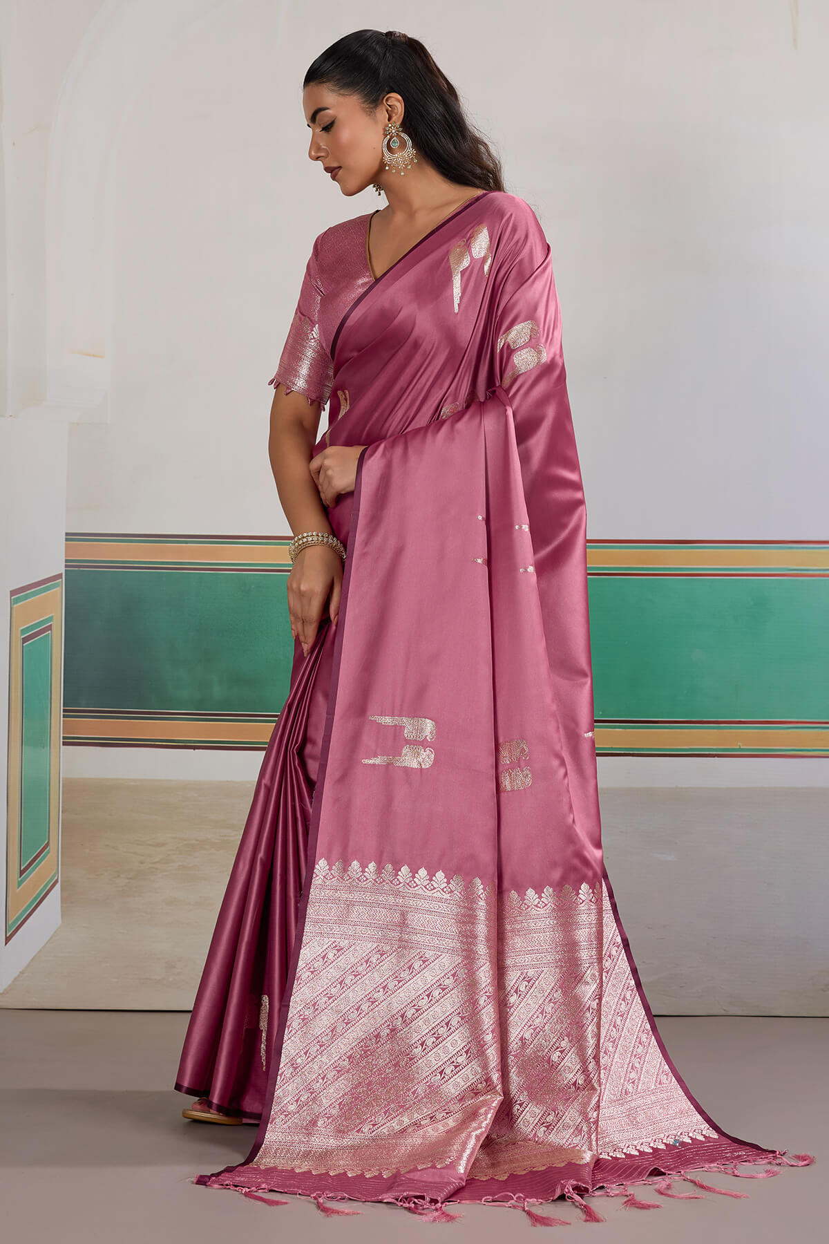 Cynosure Pink Banarasi Satin Silk Saree With Rhapsody Blouse