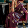Gleaming Wine Banarasi Satin Silk Saree With Gorgeous Blouse