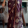 Gleaming Wine Banarasi Satin Silk Saree With Gorgeous Blouse