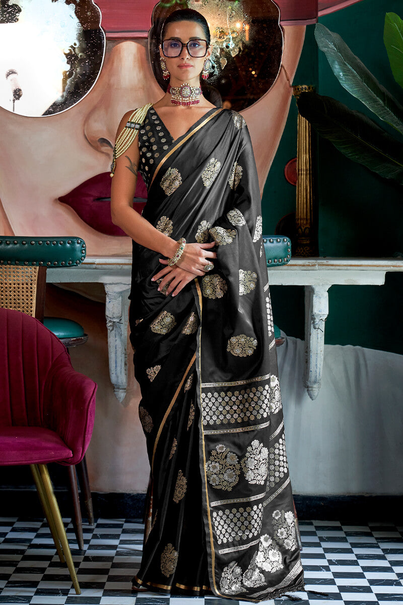 Twirling Black Banarasi Satin Silk Saree With Ideal Blouse