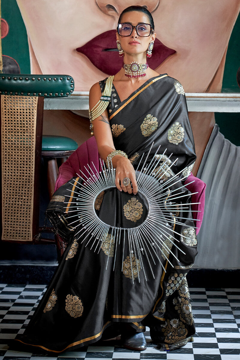 Twirling Black Banarasi Satin Silk Saree With Ideal Blouse